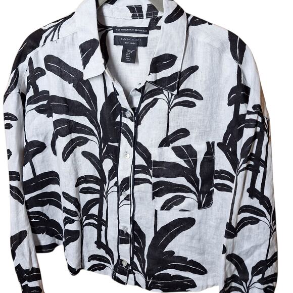 Tahari 100% linen long sleeve black and white tropical palm leaf button up top - Picture 4 of 5